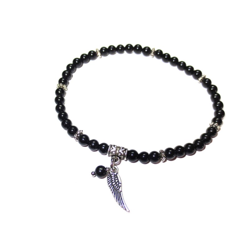 Schmuck-Anhänger Flügel mit schwarzem Turmalin an Perle mit Öse für DIY Handmade
